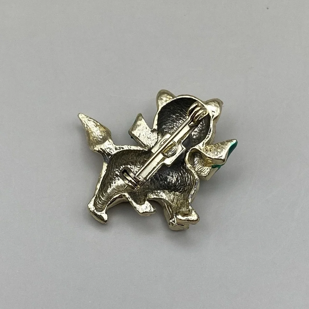 Vintage Holiday Dog Fox Cat‎ Rhinestone Enameled Christmas Pin Brooch Gold Tone